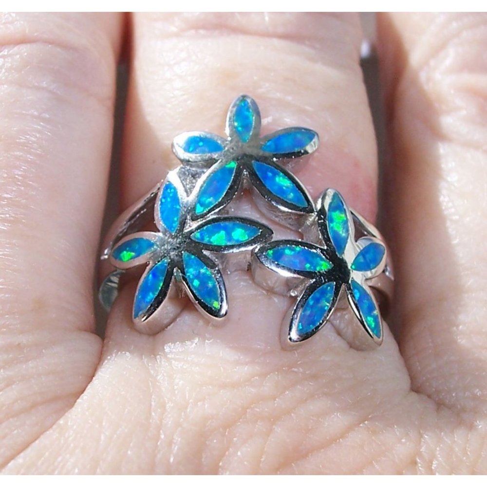 925 STERLING SILVER Lab Created Blue Fire Opal Hawaiian Plumeria Ring - Picture 6 of 16